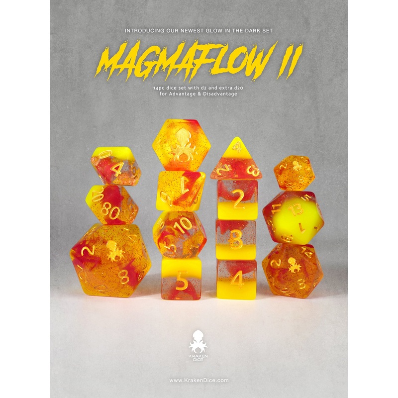 Magmaflow 2 14pc Glow in the Dark Dice Set inked in Gold