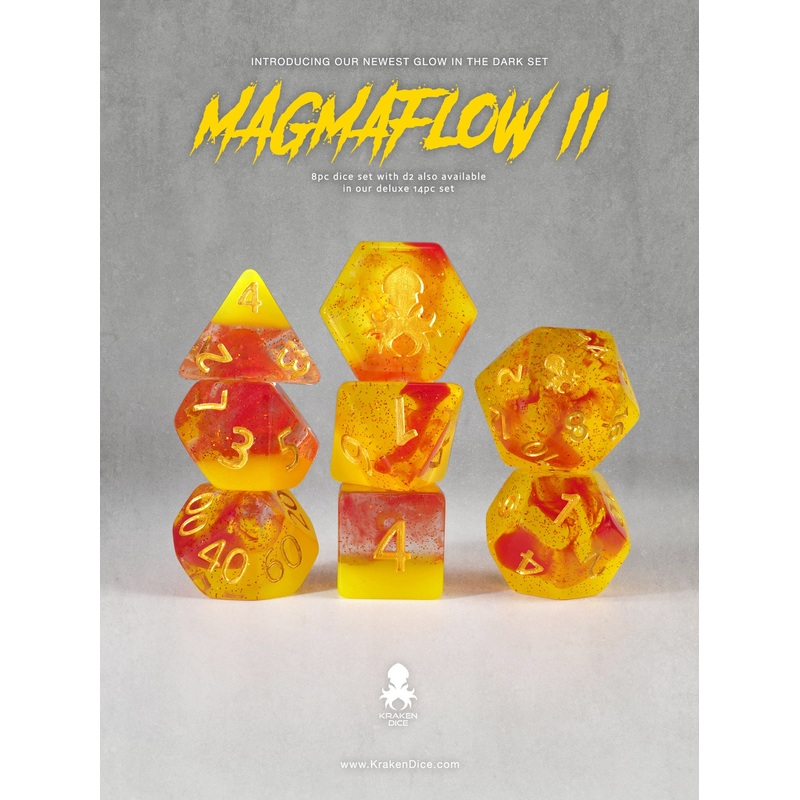 Magmaflow 2 8pc Glow in the Dark Dice Set inked in Gold