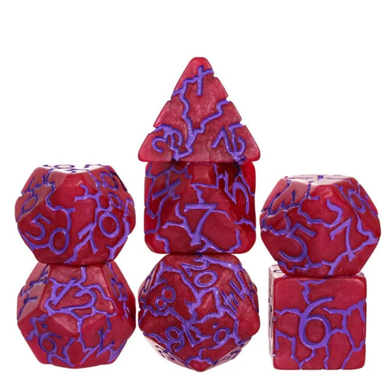 Red Cracks 7pc Dice Set Inked in Purple