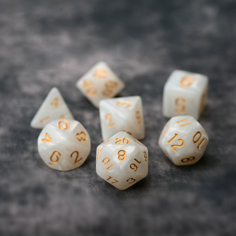 White Pearl 7pc Dice Set Inked in Gold