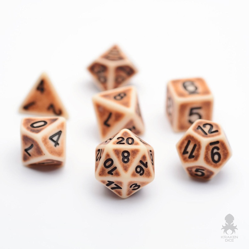 Ancient Brown 7pc Dice Set Inked in Black