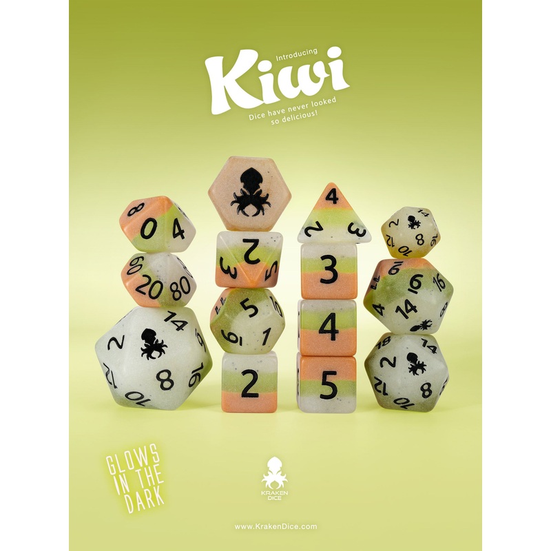 Kiwi Glow in the Dark 14pc Dice Set inked in Black