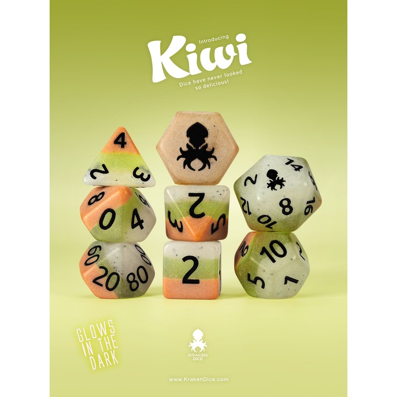 Kiwi Glow in the Dark 8pc Dice Set inked in Black
