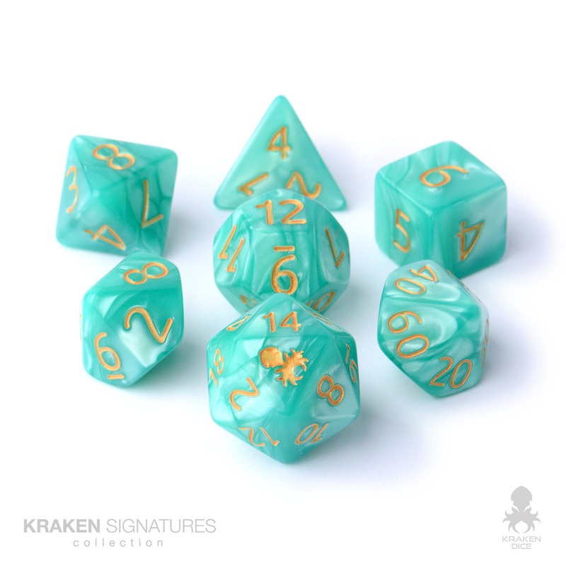 Kraken Signature's 7pc Aqua with Gold Ink Polyhedral RPG Dice Set
