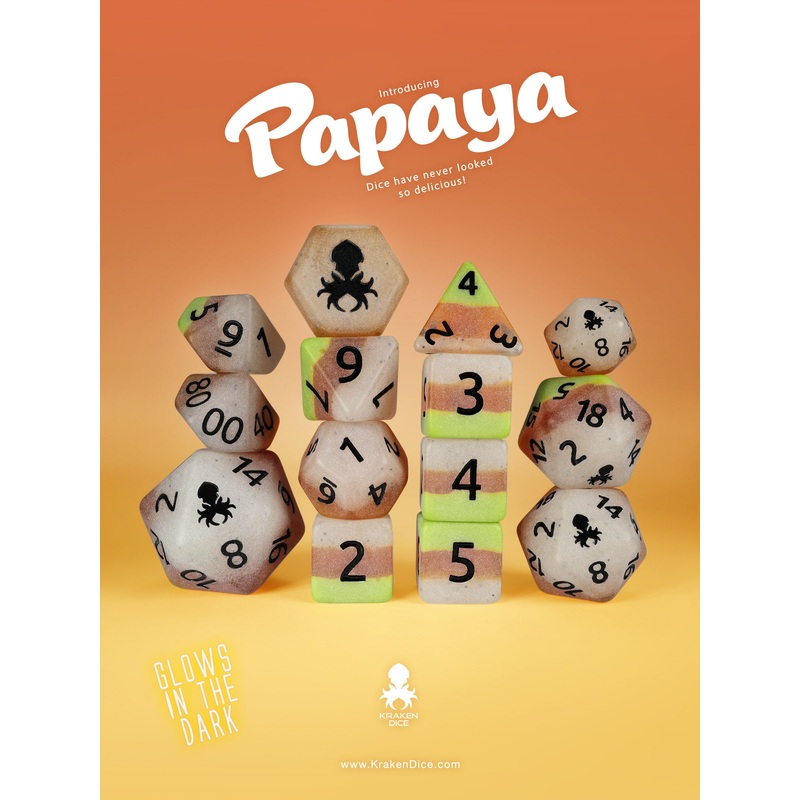 Papaya Glow in the Dark 14pc Dice Set inked in Black