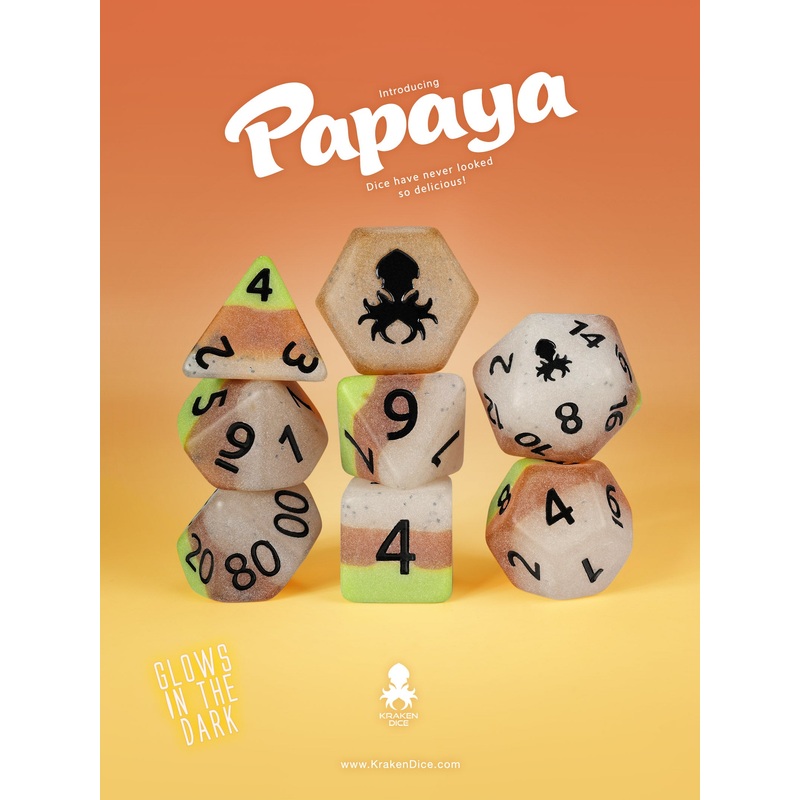 Papaya Glow in the Dark 8pc Dice Set inked in Black