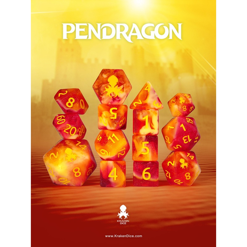 Pendragon 14pc Dice Set Inked in Yellow