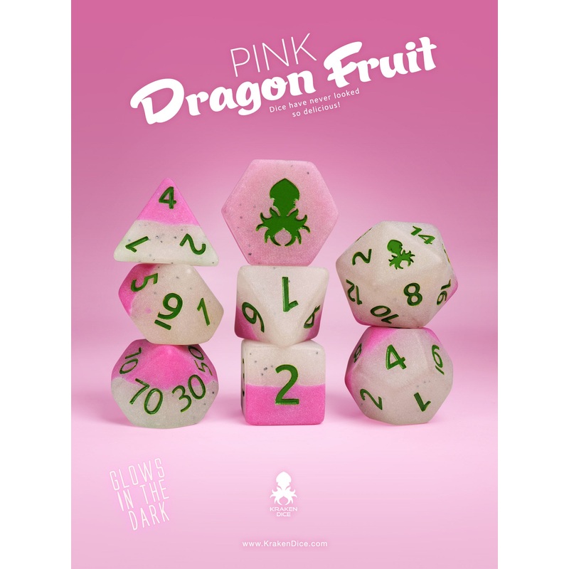 Pink Dragon Fruit Glow in the Dark 8pc Dice Set inked in Green