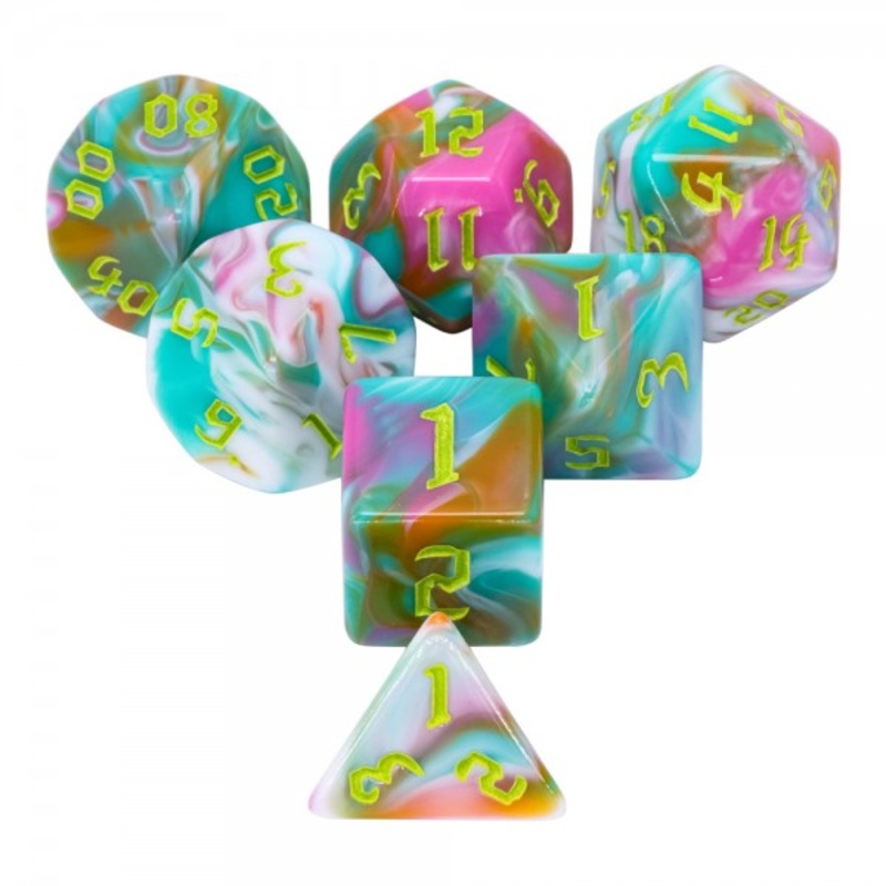 Teal Sky 7pc Dice Set inked in Yellow
