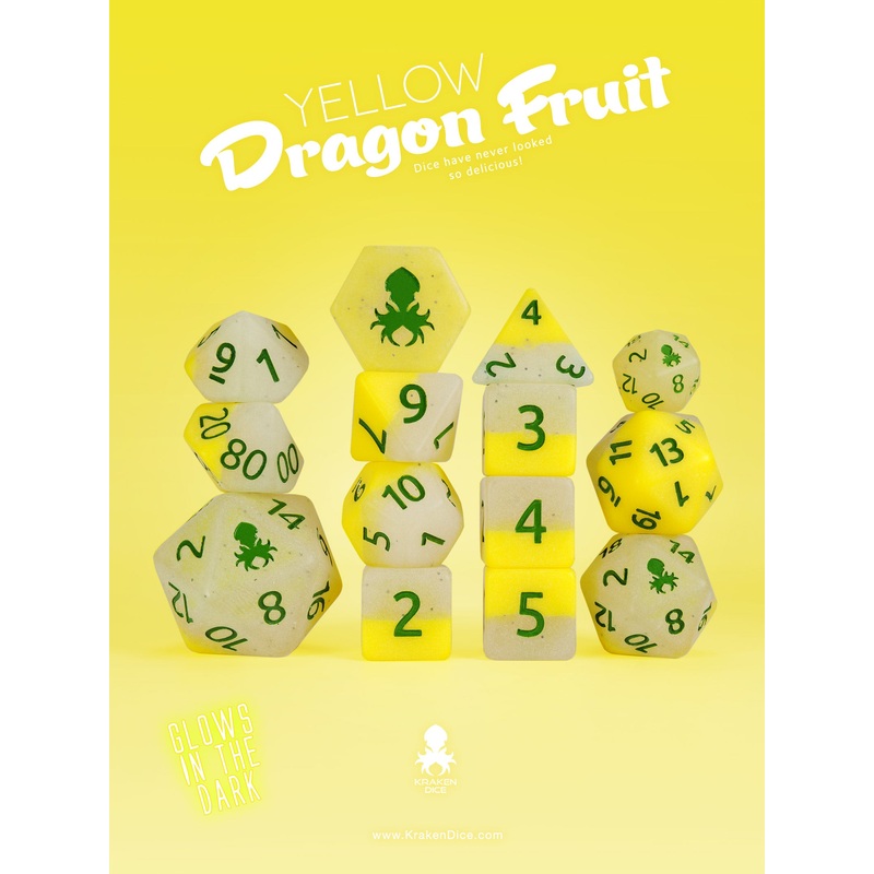 Yellow Dragon Fruit Glow in the Dark 14pc Dice Set inked in Green