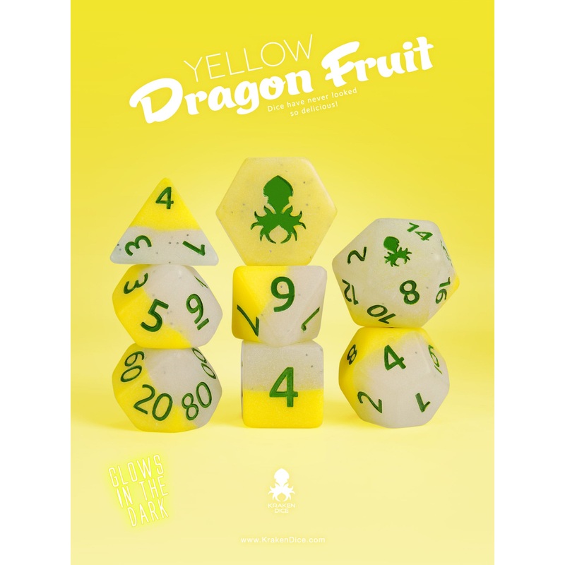 Yellow Dragon Fruit Glow in the Dark 8pc Dice Set inked in Green