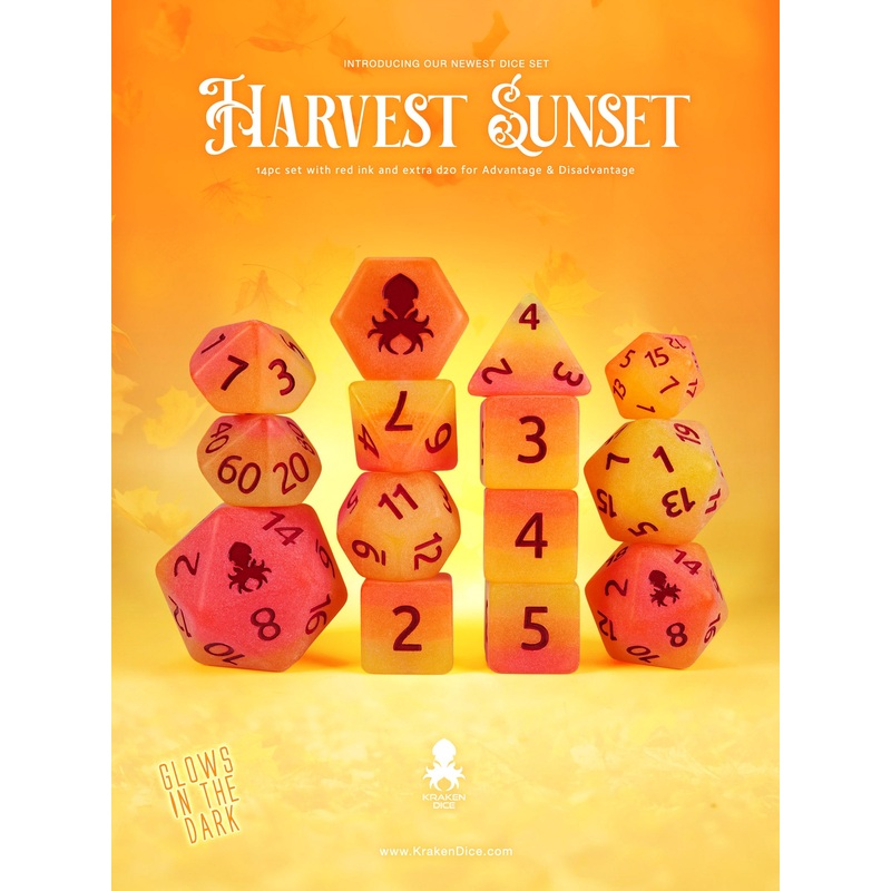 Harvest Sunset Glow in the Dark 14pc Dice Set Inked in Red