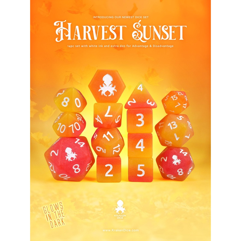 Harvest Sunset Glow in the Dark 14pc Dice Set Inked in White