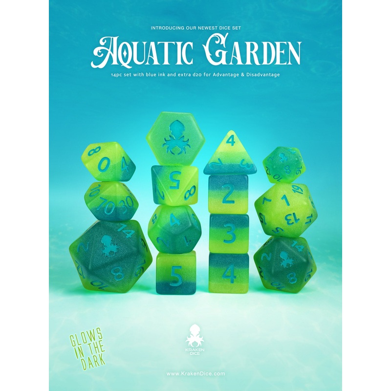 Aquatic Garden 14pc Glow in the Dark Dice Set Inked in Blue