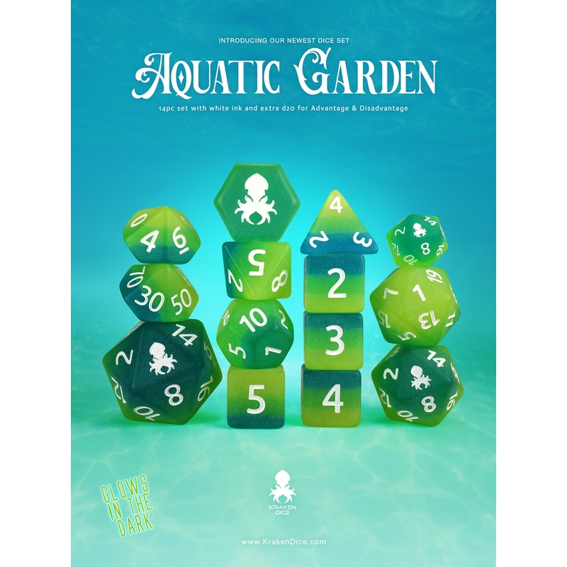Aquatic Garden 14pc Glow in the Dark Dice Set Inked in White