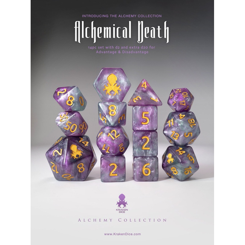 Alchemical Death 14pc Purple and Teal Gold Ink Dice Set