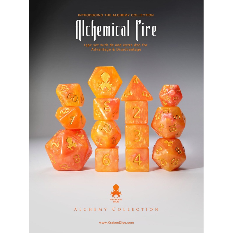 Alchemical Fire 14pc Orange and Red Gold Ink Dice Set