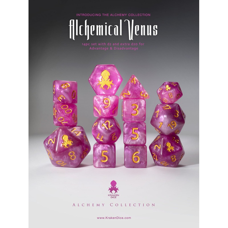Alchemical Venus 14pc Pink and White Gold Ink Dice Set With Kraken Logo