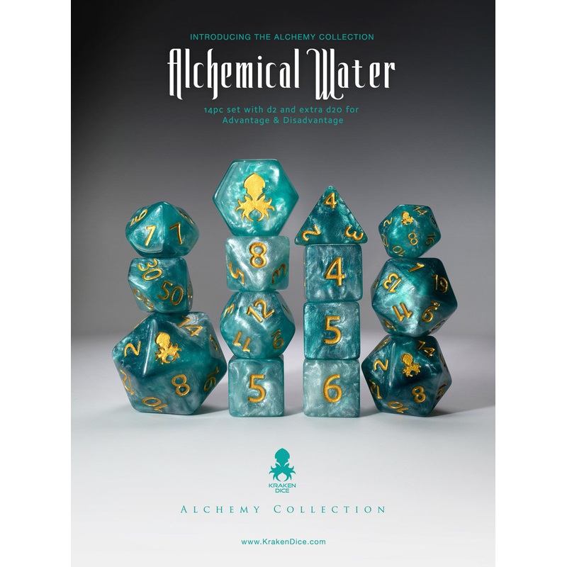 Alchemical Water 14pc Light Blue Gold Ink Dice Set
