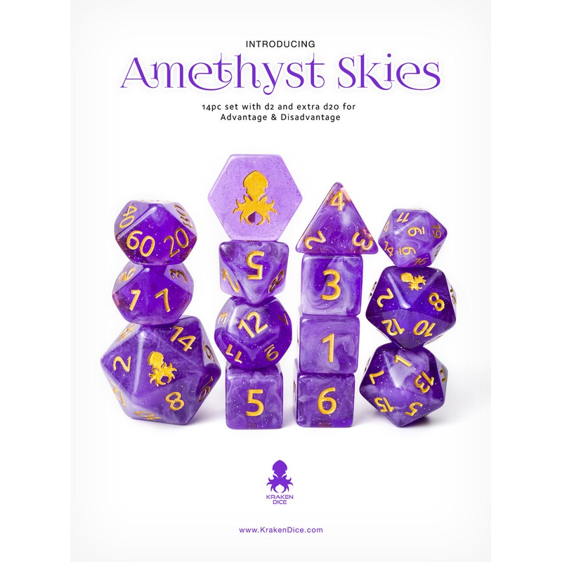 Amethyst Skies 14pc Gold Ink with Kraken Logo Polyhedral Dice Set for RPGS