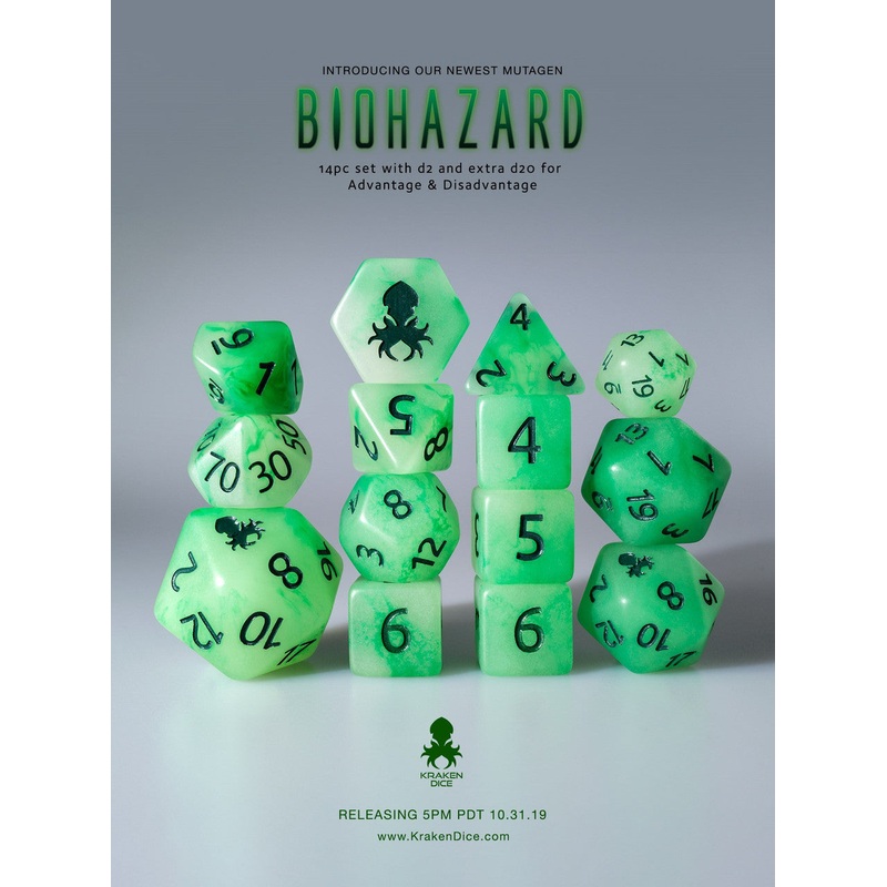 Biohazard Glow in the Dark 14pc Dice Set with Green Ink