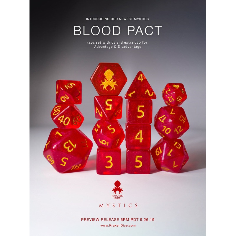 Blood Pact 14pc Gold Ink Dice Set With Kraken Logo
