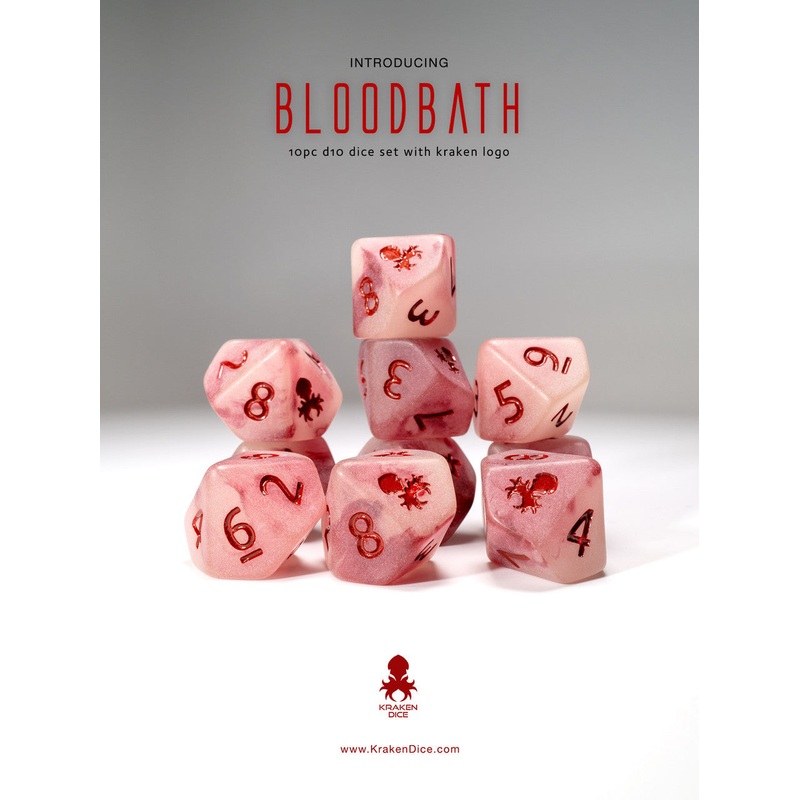 Bloodbath 10pc D10 Glow in the Dark Kraken Logo dice set