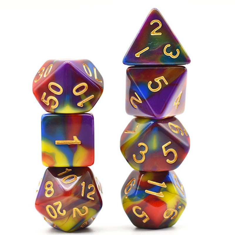 Blue Purple, Red and Yellow Blended 7pc Polyhedral Dice Set