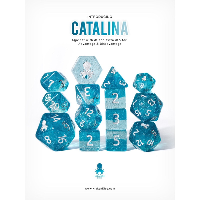 Catalina 14pc Dice Set With Kraken Logo for TTRPGs