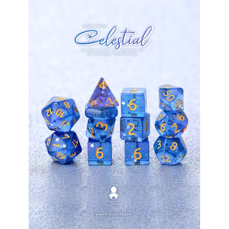 Celestial 14pc Gold Ink Dice Set With Kraken Logo
