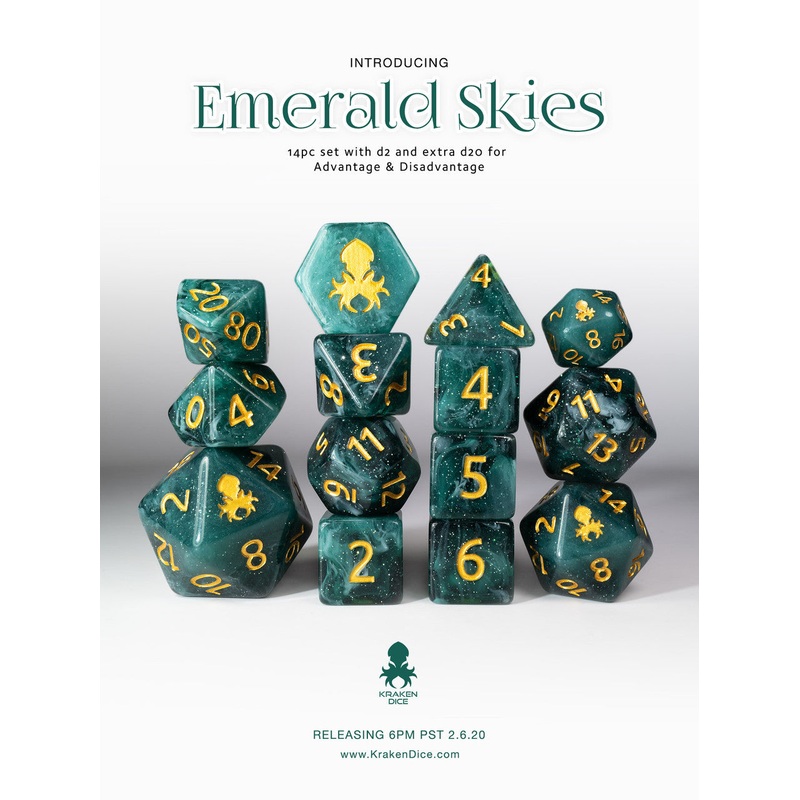 Emerald Skies 14pc Polyhedral Dice Set with Gold Ink