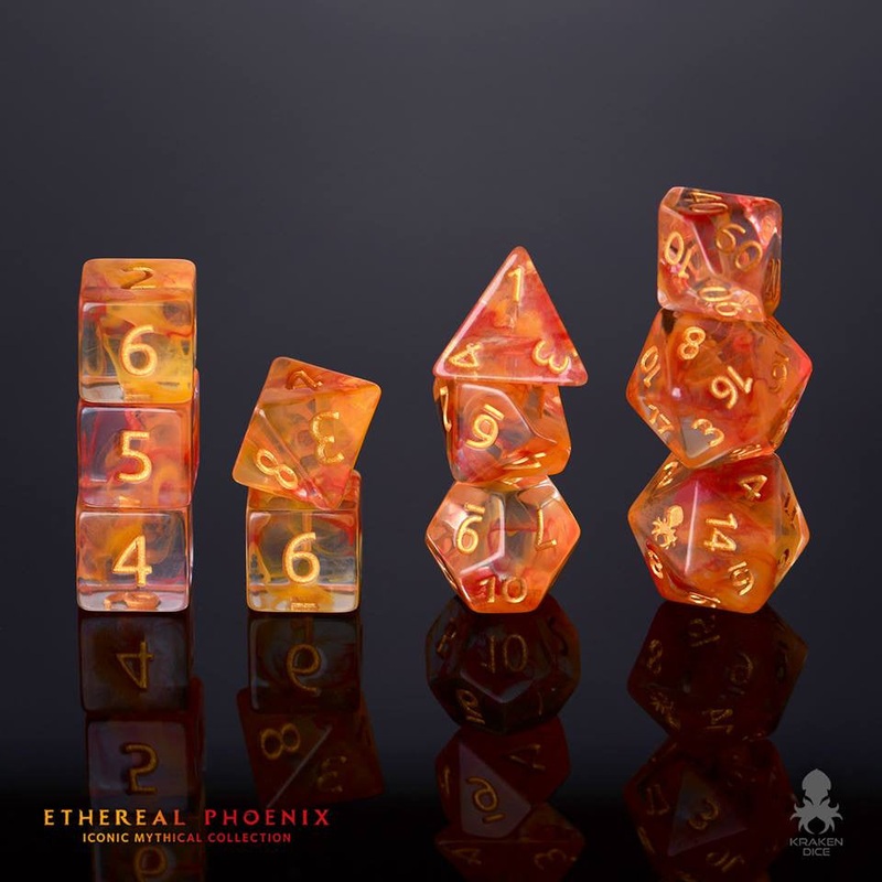 Ethereal Phoenix 12pc Gold Ink Dice Set With Kraken Logo