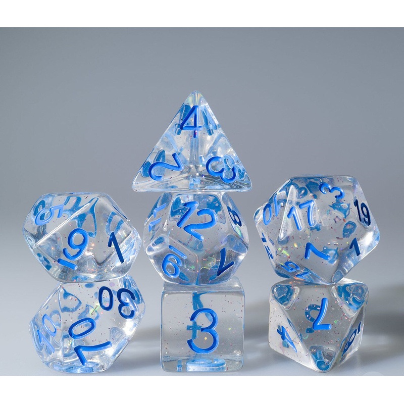 Fine Glitter Clear Dice with Blue Ink 7pc Polyhedral Dice Set