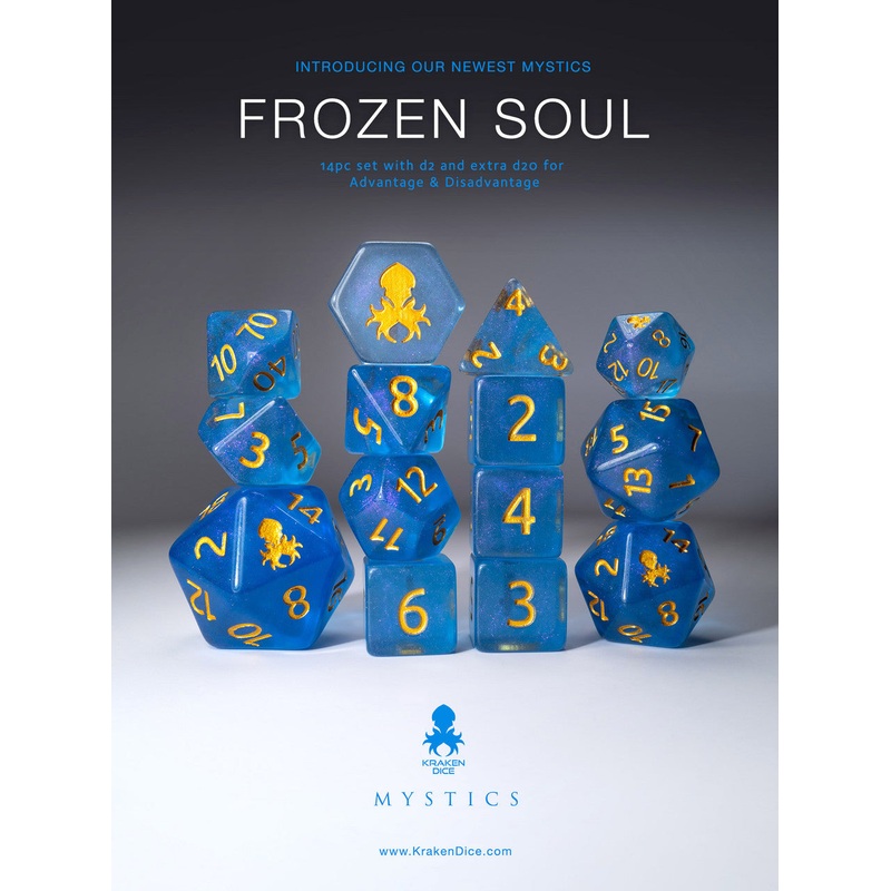 Frozen Soul 14pc Gold Ink Dice Set With Kraken Logo