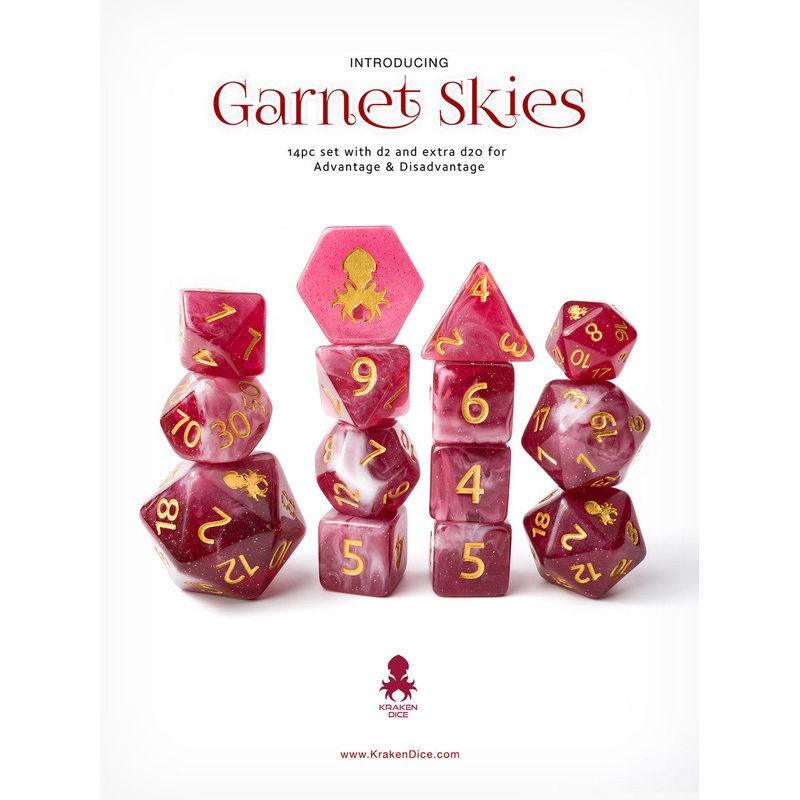 Garnet Skies 14pc Dice Set Inked in Gold