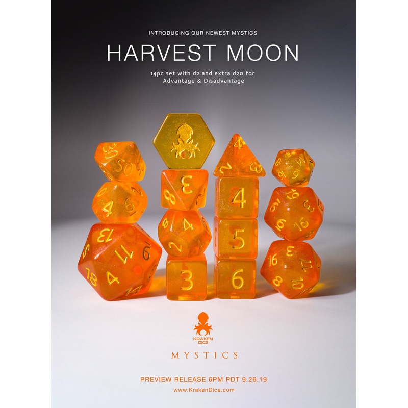 Harvest Moon 14pc Gold Ink Dice Set With Kraken Logo