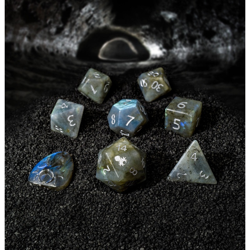 Labradorite  Semi-Precious 8 pc Glass Dice Set with Kraken Logo for RPGs
