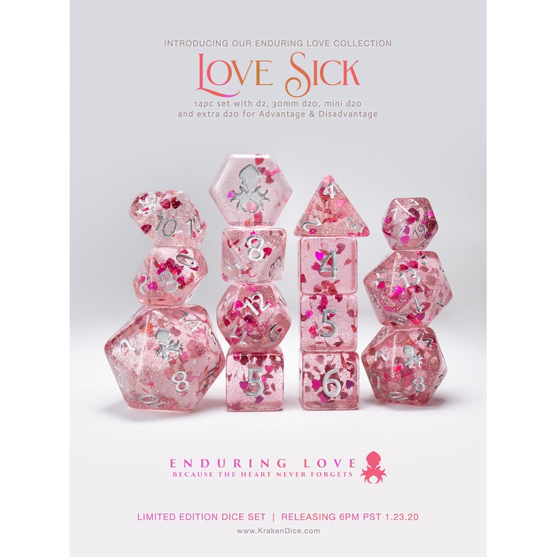 Love Sick - Pink with Red Hearts 14pc Limited Edition Dice Set