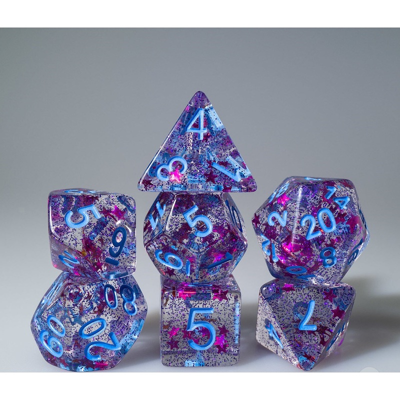 Magenta Glitter and Purple Stars with Blue Ink 7pc Polyhedral Dice Set