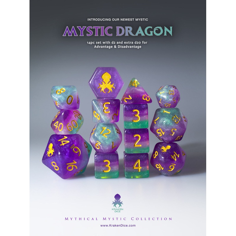 Mystic Dragon 14pc Gold Ink Dice Set With Kraken Logo