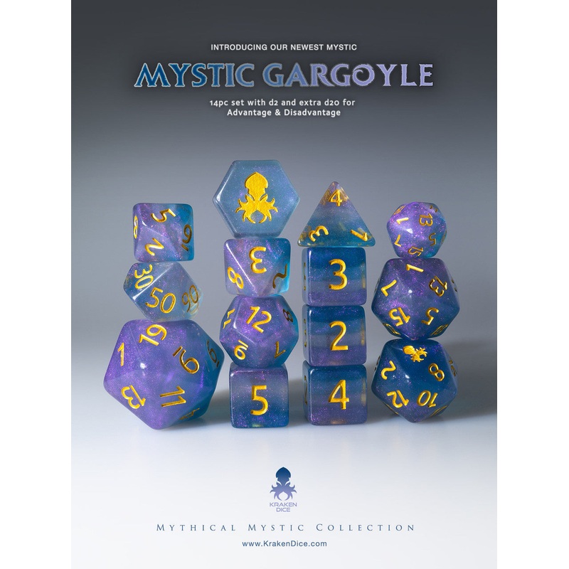 Mystic Gargoyle 14pc Gold Ink Dice Set With Kraken Logo