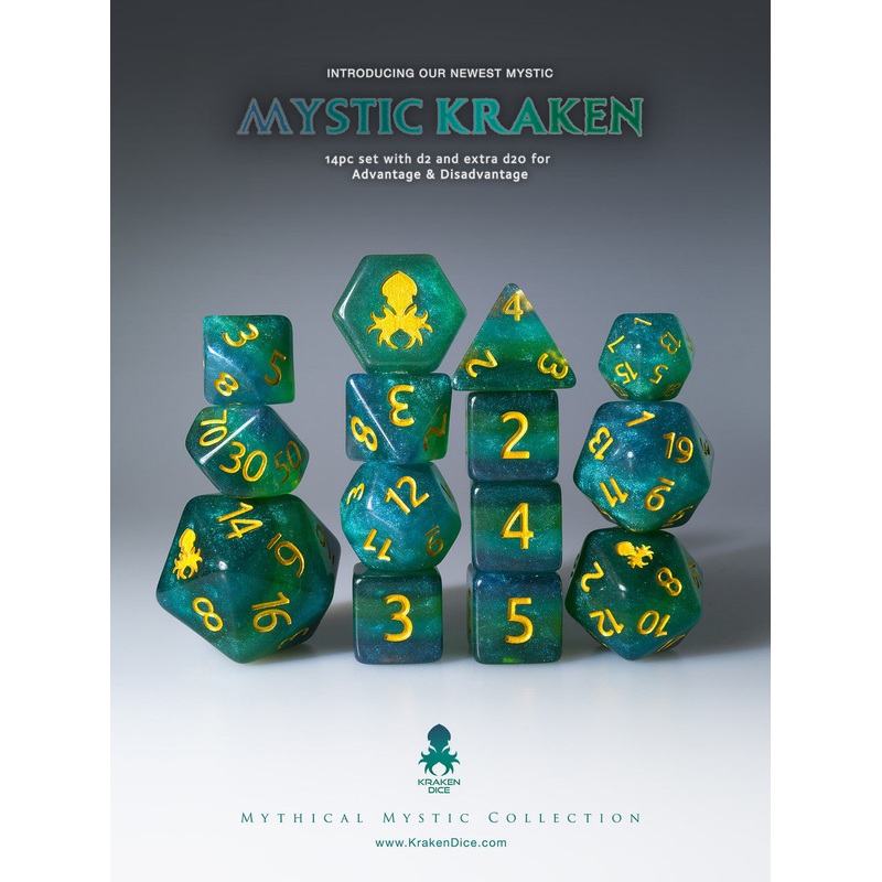 Mystic Kraken 14pc Gold Ink Dice Set With Kraken Logo