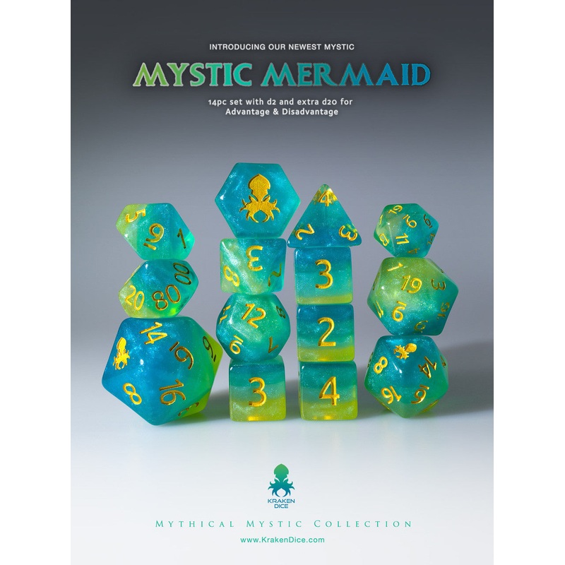 Mystic Mermaid 14pc Gold Ink Dice Set With Kraken Logo