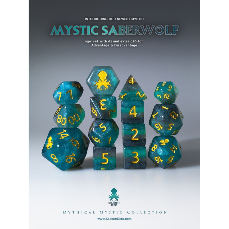 Mystic SaberWolf 14pc Gold Ink Dice Set With Kraken Logo