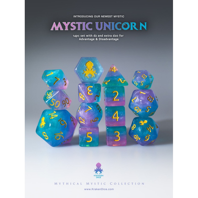 Mystic Unicorn 14pc Gold Ink Dice Set With Kraken Logo