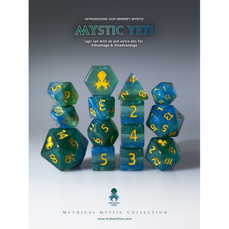 Mystic Yeti 14pc Gold Ink Dice Set With Kraken Logo