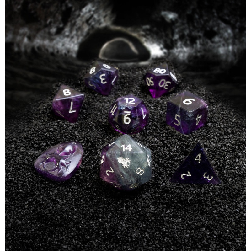 Natural Fluorite Semi-Precious 8 pc Glass Dice Set with Kraken Logo for RPGs