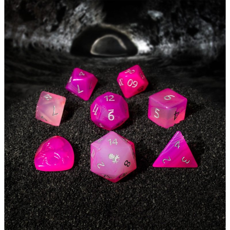 Natural Pink Agate Semi-Precious 8 pc Dice Set with Kraken Logo for RPGs