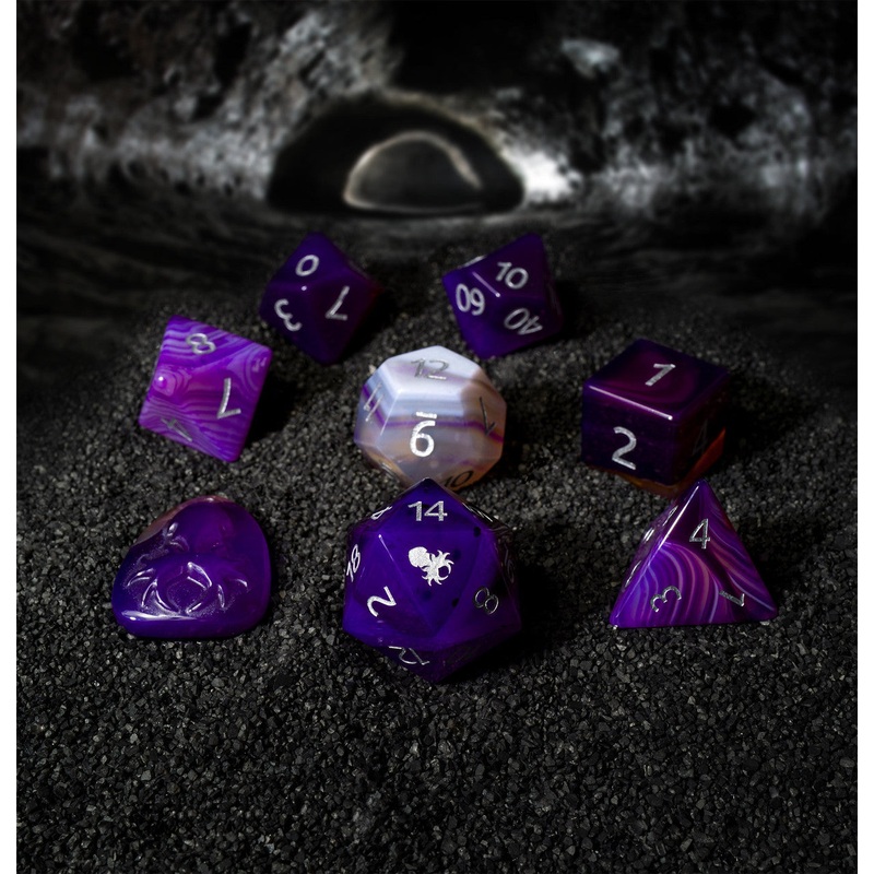 Natural Purple Agate Semi-Precious 8 pc Dice Set with Kraken Logo for RPGs
