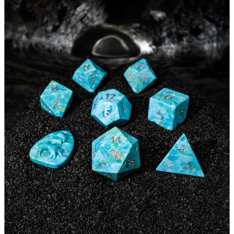 Natural Reconstituted Blue Turquoise Semi-Precious 8 pc Dice Set with Kraken Logo for RPGs